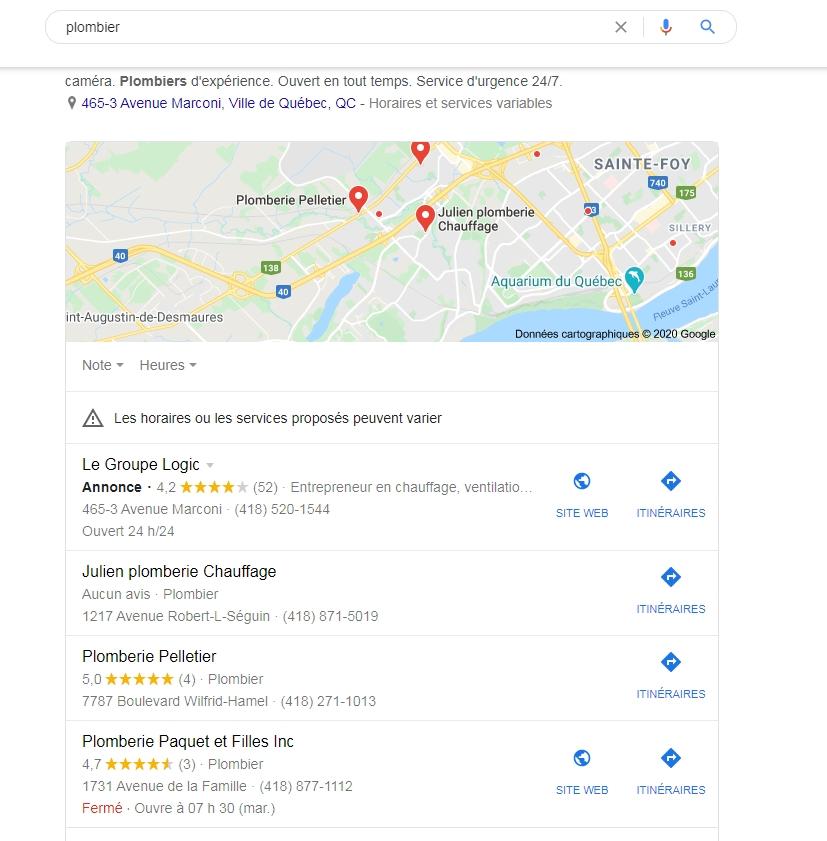 seo semantique : Résultats localisés pour la requête, "plombier".